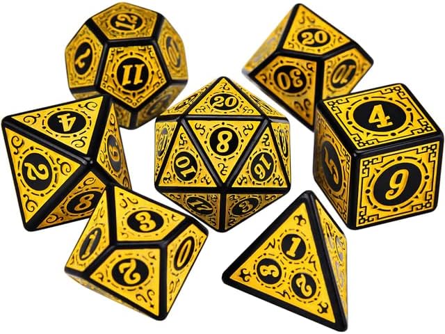 Dados Rpg Conjunto Com Sete - Runas Preta C/n° Amarelo Dados Rpg Conjunto Com Sete - Runas Preta C/n° Amarelo